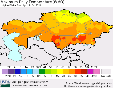Kazakhstan Maximum Daily Temperature (WMO) Thematic Map For 4/18/2022 - 4/24/2022