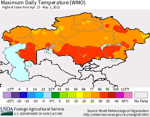 Kazakhstan Maximum Daily Temperature (WMO) Thematic Map For 4/25/2022 - 5/1/2022