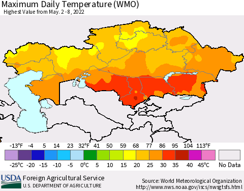 Kazakhstan Maximum Daily Temperature (WMO) Thematic Map For 5/2/2022 - 5/8/2022