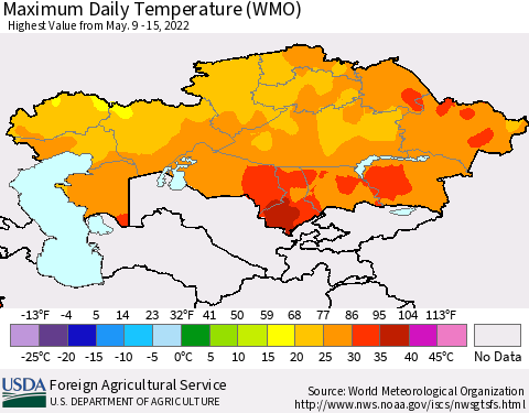 Kazakhstan Maximum Daily Temperature (WMO) Thematic Map For 5/9/2022 - 5/15/2022