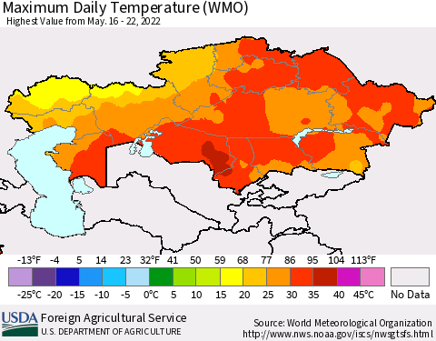 Kazakhstan Maximum Daily Temperature (WMO) Thematic Map For 5/16/2022 - 5/22/2022