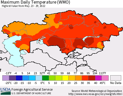Kazakhstan Maximum Daily Temperature (WMO) Thematic Map For 5/23/2022 - 5/29/2022