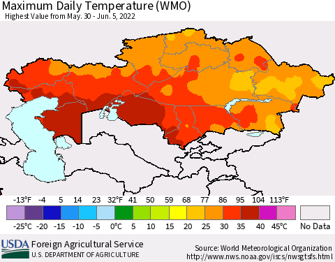 Kazakhstan Maximum Daily Temperature (WMO) Thematic Map For 5/30/2022 - 6/5/2022