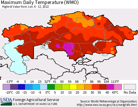 Kazakhstan Maximum Daily Temperature (WMO) Thematic Map For 6/6/2022 - 6/12/2022