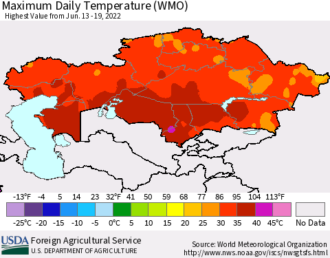Kazakhstan Maximum Daily Temperature (WMO) Thematic Map For 6/13/2022 - 6/19/2022