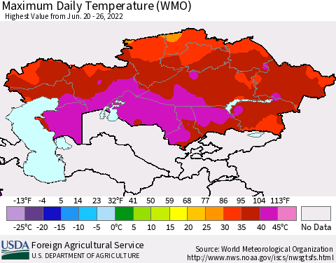 Kazakhstan Maximum Daily Temperature (WMO) Thematic Map For 6/20/2022 - 6/26/2022