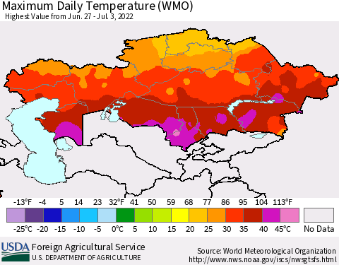 Kazakhstan Maximum Daily Temperature (WMO) Thematic Map For 6/27/2022 - 7/3/2022