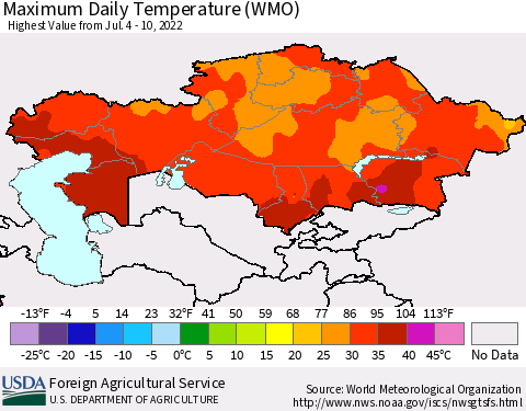 Kazakhstan Maximum Daily Temperature (WMO) Thematic Map For 7/4/2022 - 7/10/2022