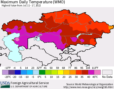 Kazakhstan Maximum Daily Temperature (WMO) Thematic Map For 7/11/2022 - 7/17/2022
