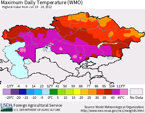 Kazakhstan Maximum Daily Temperature (WMO) Thematic Map For 7/18/2022 - 7/24/2022