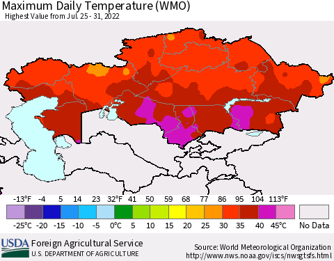 Kazakhstan Maximum Daily Temperature (WMO) Thematic Map For 7/25/2022 - 7/31/2022