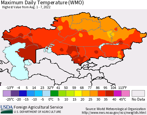 Kazakhstan Maximum Daily Temperature (WMO) Thematic Map For 8/1/2022 - 8/7/2022