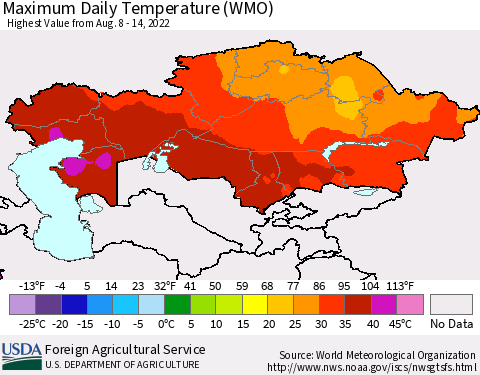 Kazakhstan Maximum Daily Temperature (WMO) Thematic Map For 8/8/2022 - 8/14/2022