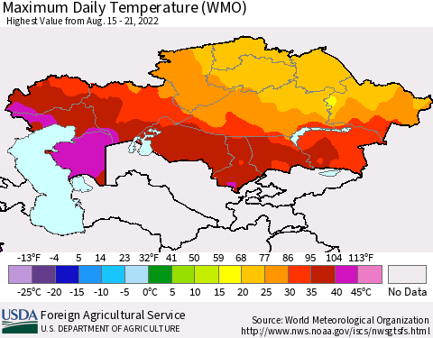 Kazakhstan Maximum Daily Temperature (WMO) Thematic Map For 8/15/2022 - 8/21/2022