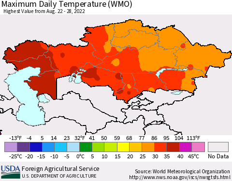 Kazakhstan Maximum Daily Temperature (WMO) Thematic Map For 8/22/2022 - 8/28/2022