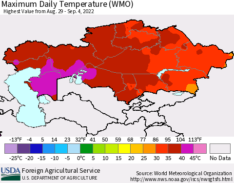 Kazakhstan Maximum Daily Temperature (WMO) Thematic Map For 8/29/2022 - 9/4/2022