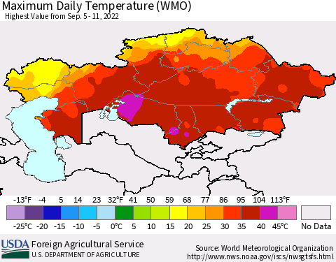 Kazakhstan Maximum Daily Temperature (WMO) Thematic Map For 9/5/2022 - 9/11/2022