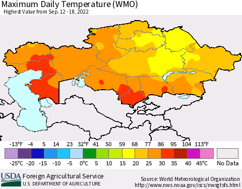 Kazakhstan Maximum Daily Temperature (WMO) Thematic Map For 9/12/2022 - 9/18/2022