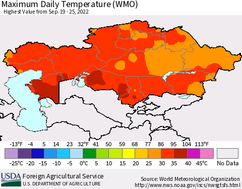 Kazakhstan Maximum Daily Temperature (WMO) Thematic Map For 9/19/2022 - 9/25/2022