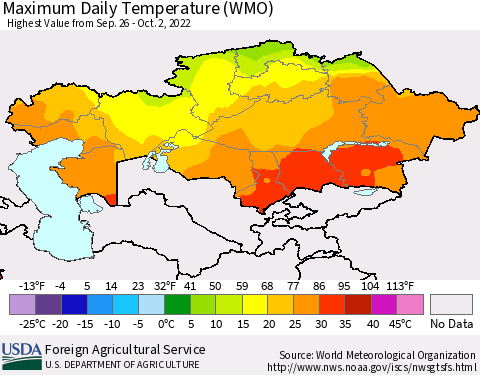 Kazakhstan Maximum Daily Temperature (WMO) Thematic Map For 9/26/2022 - 10/2/2022