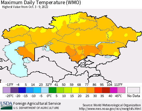 Kazakhstan Maximum Daily Temperature (WMO) Thematic Map For 10/3/2022 - 10/9/2022