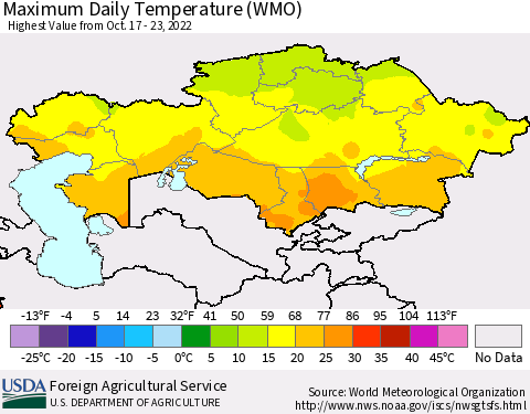 Kazakhstan Maximum Daily Temperature (WMO) Thematic Map For 10/17/2022 - 10/23/2022