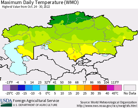 Kazakhstan Maximum Daily Temperature (WMO) Thematic Map For 10/24/2022 - 10/30/2022