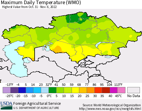 Kazakhstan Maximum Daily Temperature (WMO) Thematic Map For 10/31/2022 - 11/6/2022