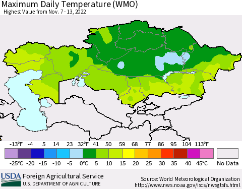 Kazakhstan Maximum Daily Temperature (WMO) Thematic Map For 11/7/2022 - 11/13/2022