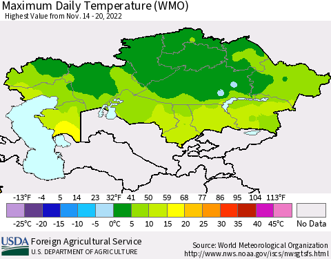 Kazakhstan Maximum Daily Temperature (WMO) Thematic Map For 11/14/2022 - 11/20/2022