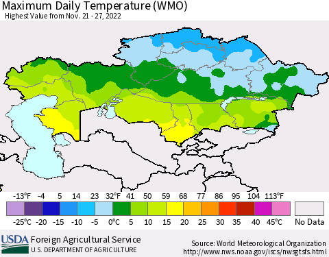Kazakhstan Maximum Daily Temperature (WMO) Thematic Map For 11/21/2022 - 11/27/2022