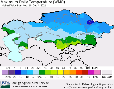 Kazakhstan Maximum Daily Temperature (WMO) Thematic Map For 11/28/2022 - 12/4/2022