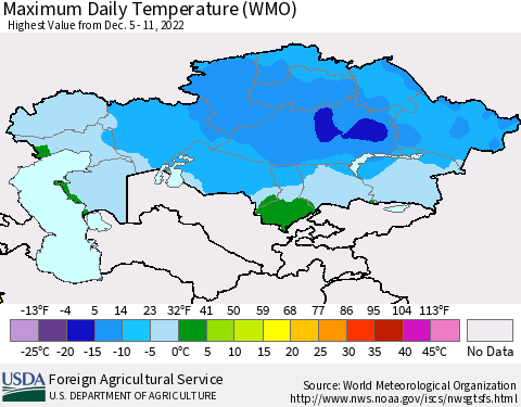 Kazakhstan Maximum Daily Temperature (WMO) Thematic Map For 12/5/2022 - 12/11/2022