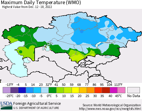 Kazakhstan Maximum Daily Temperature (WMO) Thematic Map For 12/12/2022 - 12/18/2022