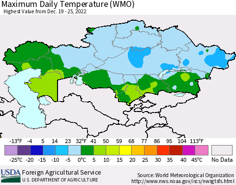 Kazakhstan Maximum Daily Temperature (WMO) Thematic Map For 12/19/2022 - 12/25/2022