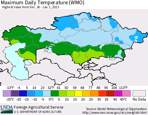 Kazakhstan Maximum Daily Temperature (WMO) Thematic Map For 12/26/2022 - 1/1/2023