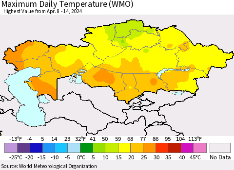 Kazakhstan Maximum Daily Temperature (WMO) Thematic Map For 4/8/2024 - 4/14/2024