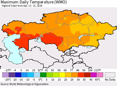 Kazakhstan Maximum Daily Temperature (WMO) Thematic Map For 4/15/2024 - 4/21/2024