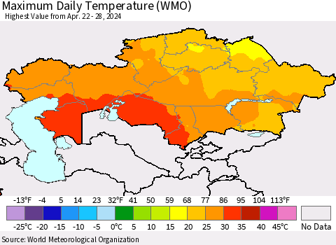 Kazakhstan Maximum Daily Temperature (WMO) Thematic Map For 4/22/2024 - 4/28/2024