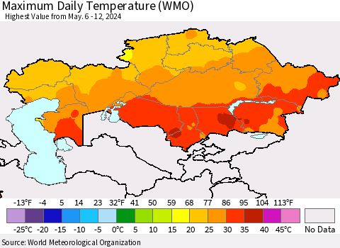 Kazakhstan Maximum Daily Temperature (WMO) Thematic Map For 5/6/2024 - 5/12/2024