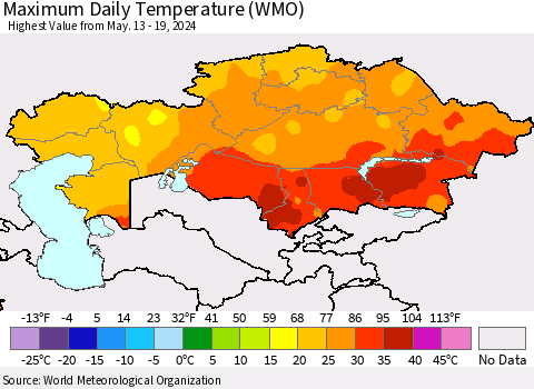 Kazakhstan Maximum Daily Temperature (WMO) Thematic Map For 5/13/2024 - 5/19/2024