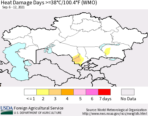 Kazakhstan Heat Damage Days >=38°C/100°F (WMO) Thematic Map For 9/6/2021 - 9/12/2021