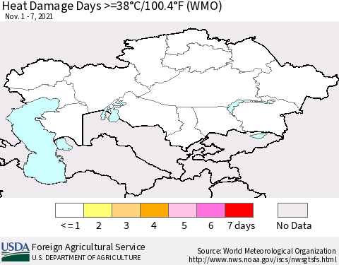 Kazakhstan Heat Damage Days >=38°C/100°F (WMO) Thematic Map For 11/1/2021 - 11/7/2021