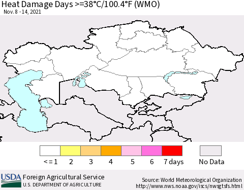 Kazakhstan Heat Damage Days >=38°C/100°F (WMO) Thematic Map For 11/8/2021 - 11/14/2021