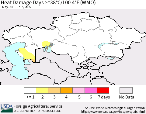 Kazakhstan Heat Damage Days >=38°C/100°F (WMO) Thematic Map For 5/30/2022 - 6/5/2022