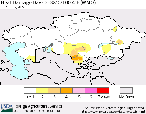 Kazakhstan Heat Damage Days >=38°C/100°F (WMO) Thematic Map For 6/6/2022 - 6/12/2022