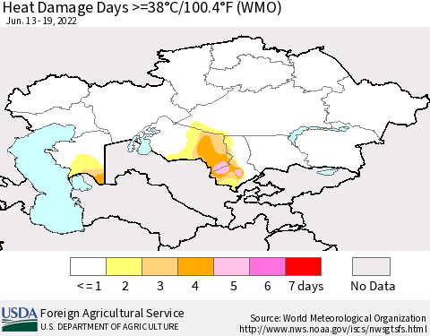 Kazakhstan Heat Damage Days >=38°C/100°F (WMO) Thematic Map For 6/13/2022 - 6/19/2022