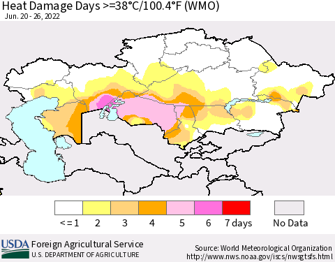 Kazakhstan Heat Damage Days >=38°C/100°F (WMO) Thematic Map For 6/20/2022 - 6/26/2022
