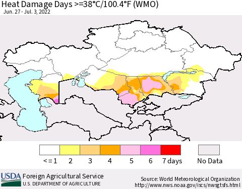 Kazakhstan Heat Damage Days >=38°C/100°F (WMO) Thematic Map For 6/27/2022 - 7/3/2022