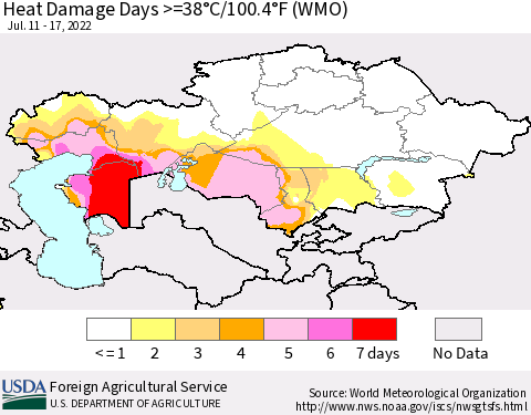 Kazakhstan Heat Damage Days >=38°C/100°F (WMO) Thematic Map For 7/11/2022 - 7/17/2022